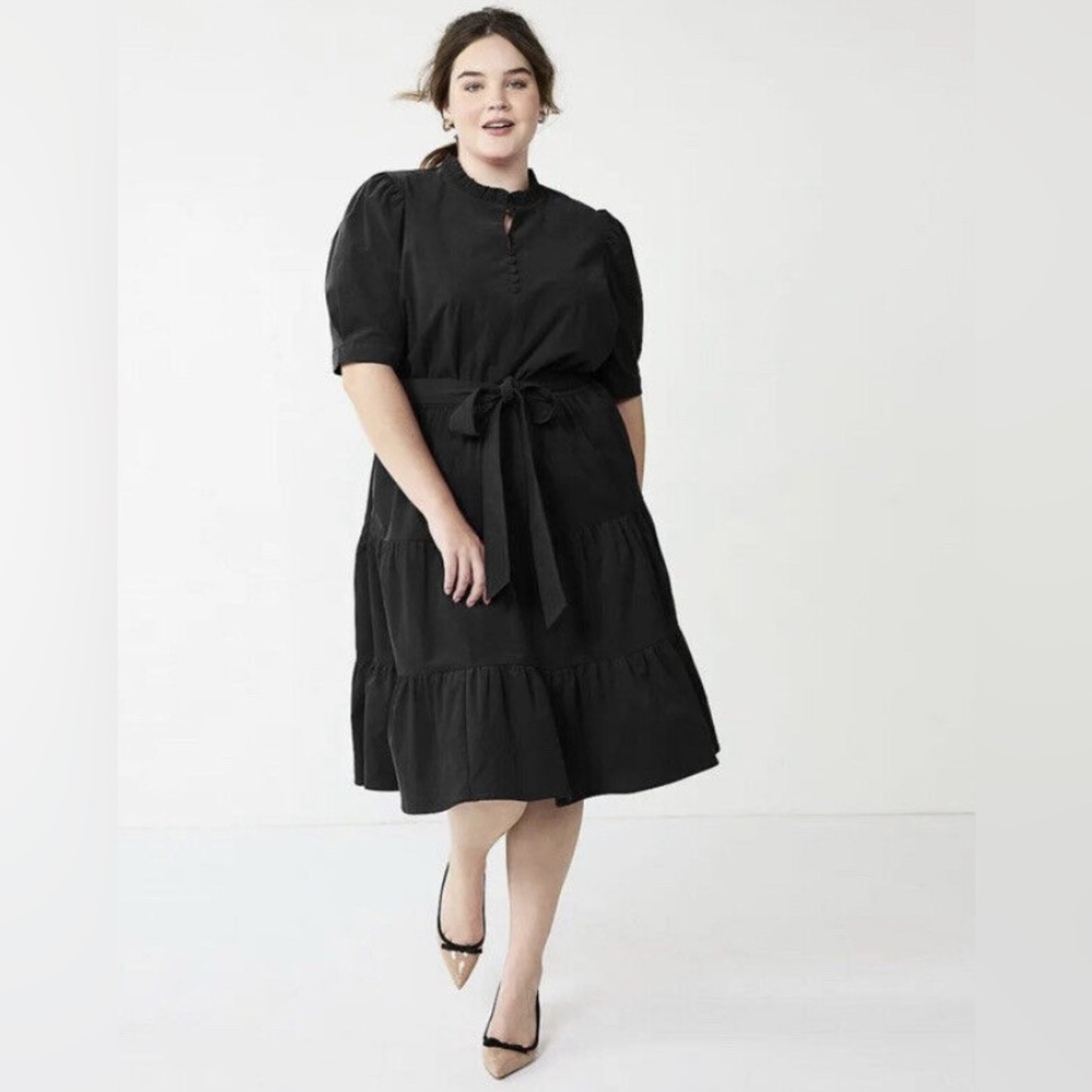 NWT DRAPER JAMES RSVP Short Sleeve Tiered Belted Black Corduroy Dress |Size 1X